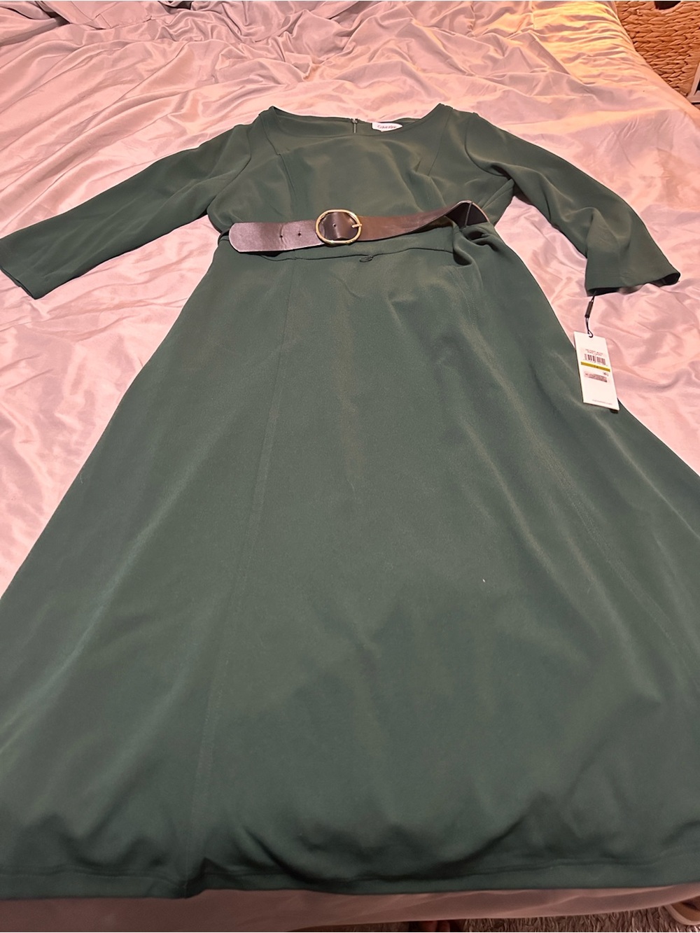 Calvin Klein Forest Green Long-Sleeve A-Line Dress with Belt
